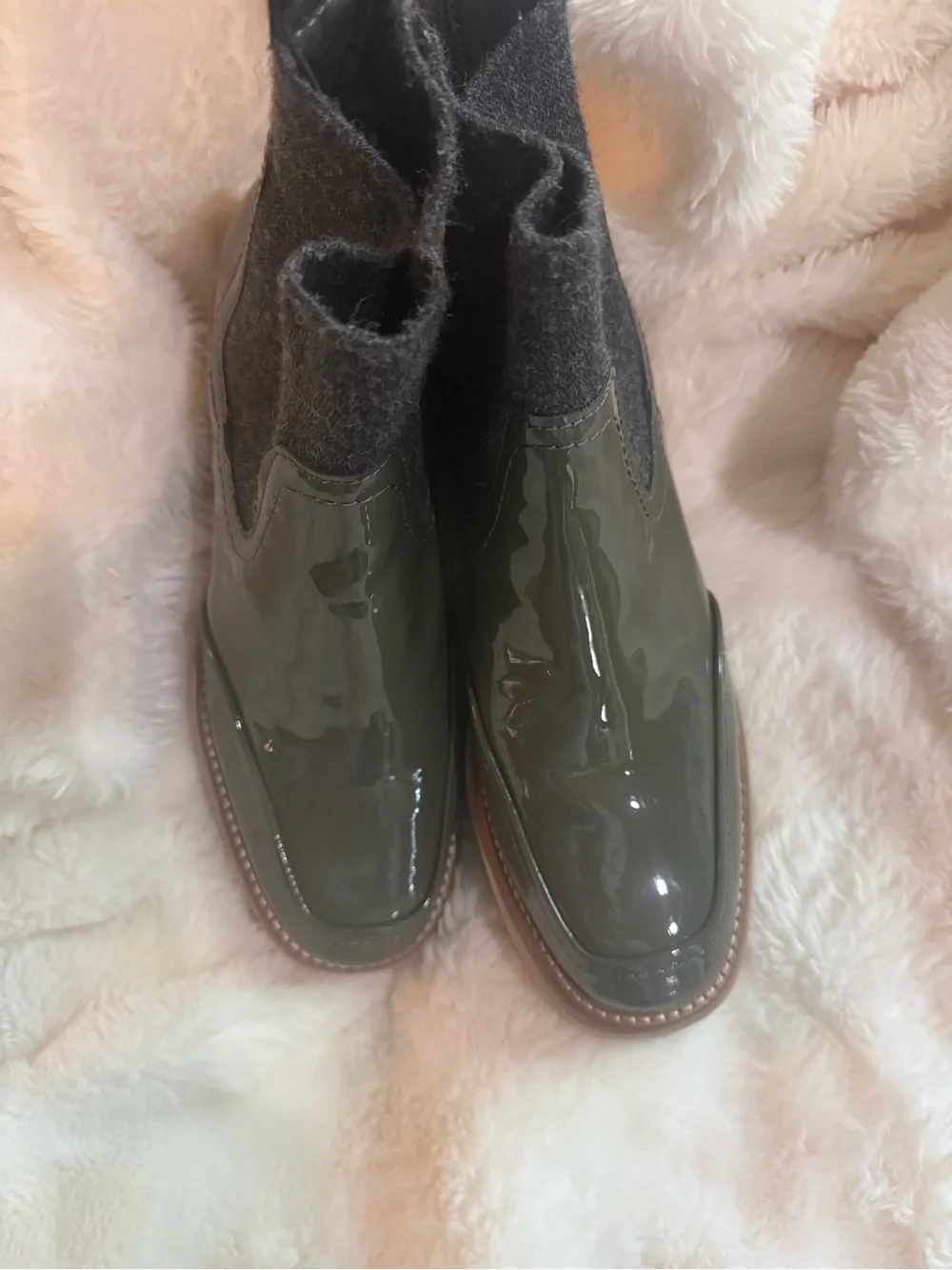 Dolce Vita Olive Green Patent Chelsea Rain/ winter Boots with Dark Knit Collar